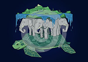 Ancient world model, mythical flat Earth concept. Diskworld resting on elephants and turtle. Flat line vector