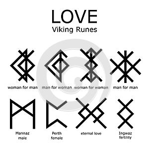 Love Viking Runes vector set, bind runes and runnic sript - relationship, couple, male and female symbols design photo