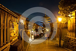 The ancient yasaka pagoda in Kyoto in the nighttime atmosphere is very beautiful.