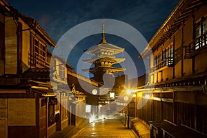 The ancient yasaka pagoda in Kyoto in the nighttime atmosphere is very beautiful.