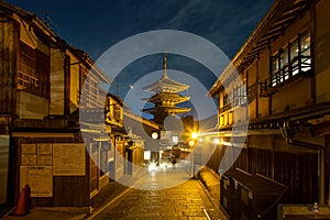 The ancient yasaka pagoda in Kyoto in the nighttime atmosphere is very beautiful.