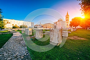 Ancient Zadar forum and architectural landmarks in Old city of Zadar at sunrise, Dalmatia, Croatia. Scenic cityscape