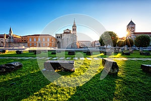 Ancient Zadar forum and architectural landmarks in Old city of Zadar at sunrise, Dalmatia, Croatia. Scenic cityscape