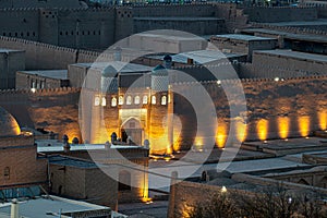 The ancient Zindan building and entrance gate to the fortress in the city of Khiva in Khorezm. Kohna Ark gates of the