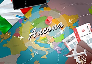 Ancona city travel and tourism destination concept. Italy flag a