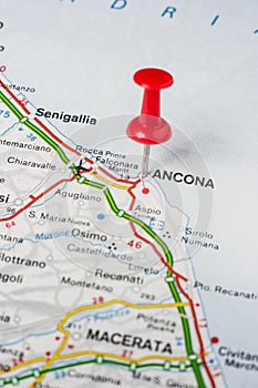 Ancona pinned on a map of Italy