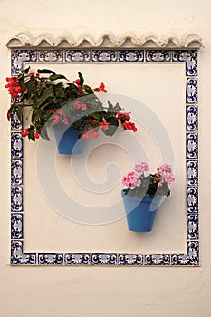 Andalucia Spain old traditional whitewashed village flower pot wall display