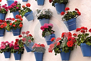 Andalucia Spain traditional whitewashed village geranium flower pot wall display