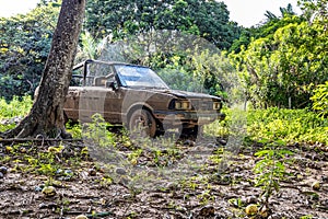 Andarai, Brazil - Jan 09, 2024: Car wreck at the Pantanal Marimbus in Andarai, Bahia, Brazil, Chapada Diamantina