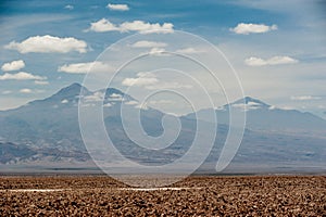 Ande Mountains and Lake Chaxa near San Pedro de Atacama, Chile. Chaxa Lagoon, Atakama Salar, Chile : Unusual landscape of salt