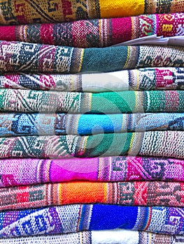Andean blankets in a street market, La Paz, Bolivia.