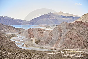 Andean scenery in Argentina, the Mendoza river flows through the mountains