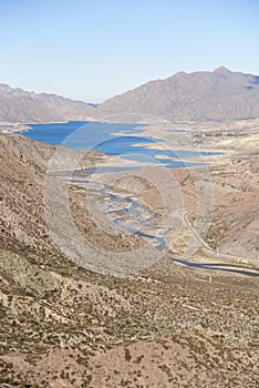 Andean scenery in Argentina, the Mendoza river flows through the mountains