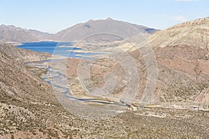 Andean scenery in Argentina, the Mendoza river flows through the mountains