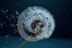 andelion with seeds blowing away in the wind in blue sky. Generative Ai.