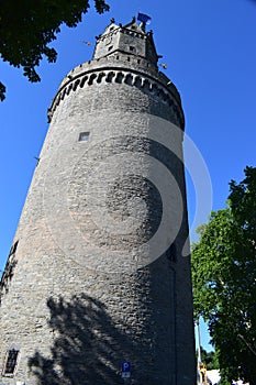 Andernach, Germany - 06 01 2020: Runder Turm between the trees - medieval city walls tower
