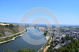 Andernach, Germany - 08 11 2022: Rhine in a hot summer with wide shores and low water level