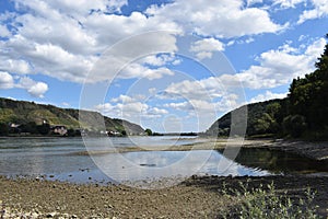 Andernach, Germany - 08 27 2020: low water level of the Rhine at Namedyer Werth