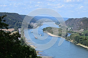 Andernach, Germany - 08 27 2020: Rhine with ship traffic near Namedy