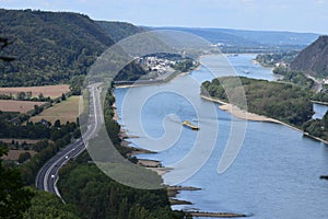 Andernach, Germany - 08 27 2020: view along the Rhine to Brohl-LÃ¼tzing