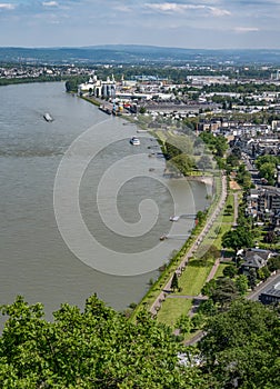 Andernach, Germany - Aerial view of the town of Andernach by the famous Rhine river in summer on a sunny day