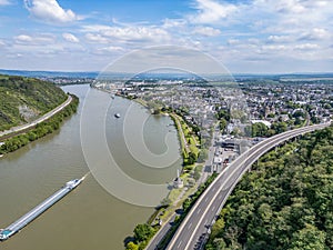 Andernach, Germany - Aerial view of the town of Andernach by the famous Rhine river in summer on a sunny day