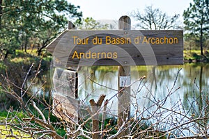 Andernos - Ares, Arcachon Bay, France. Signboards on a hiking path