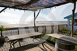 Andernos oyster tasting wooden terrace  hut in Arcachon bay France