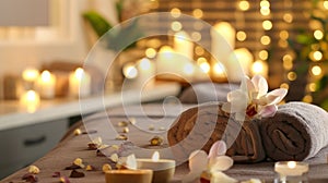 ?andles, stones and towel in a spa, Burning candles, stones and towel on massage table