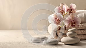 ?andles, stones and towel in a spa, Burning candles, stones and towel on massage table, white colors
