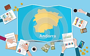 Andorra economy country growth nation team discuss with fold maps view from top