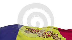 Andorra fabric flag waving on the wind loop. Andorran embroidery stiched cloth banner swaying on the breeze. Half-filled white