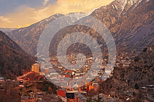 Andorra la Vella skyline at sunset Pyrenees photo