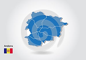 Andorra map design with 3D style. Blue andorra map and National flag. Simple vector map with contour, shape, outline, on white