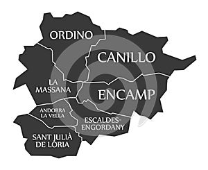 Andorra map with parishes and labels black