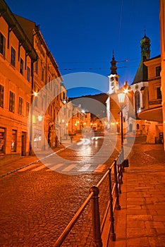 Andreja Kmeta ulica street in Banska Stiavnica town during autumn evening