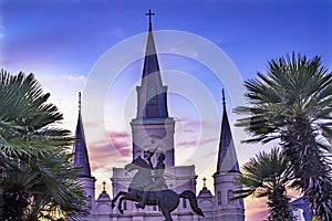 Andrew Jackson Statue Saint Louis Cathedral Sunset New Orleans Louisiana