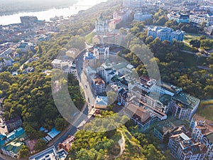 Andrew`s Descent historcal old street in Kiev Kiyv Ukraine. Top view from above. Aerial drone photo