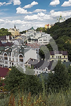 Andriyivskyy Descent with the Saint Andrew`s Church in Kyiv, Ukraine