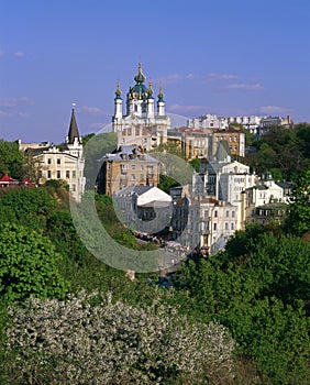 Andriyivskyy Descent with the Saint Andrew`s Church at springtim