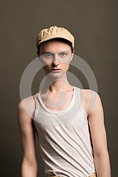 Androgynous beautiful young man. Model tests in studio
