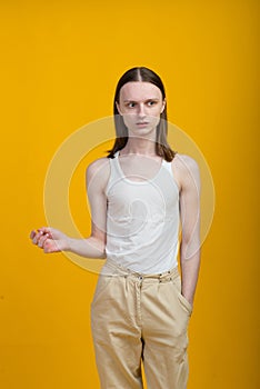 Androgynous beautiful young man. Model tests in studio