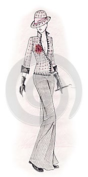 Ilustración de moda de mostrar un modelo de ropa y accesorios con un andrógino sentir, muy de moda este año dibujado con lápices de colores y tinta.