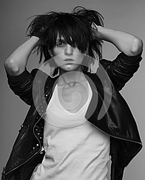 Androgyny female model in Heroin chic style