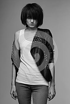 Androgyny female model in Heroin chic style. photo