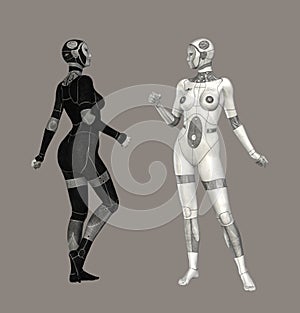 Dual Humanoid Android Figures Exploring Contrast And Identity