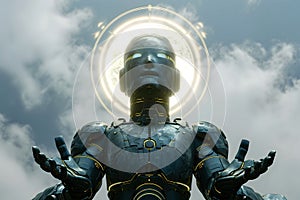 android with around head on sky with clouds background, AI god concept