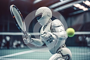 Android artificial intelligence in the city, the future and robots. The robot plays tennis. generative ai