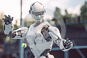 Android artificial intelligence in the city, the future and robots. The robot plays tennis. generative ai