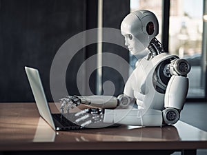 Android artificial intelligence robot cyborg working on a laptop in office, robot replace human work force, generative AI